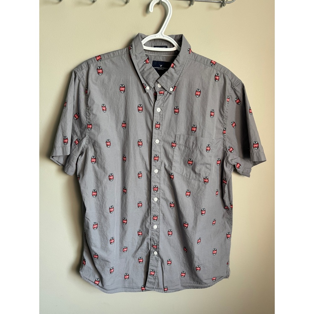 American Eagle Mens Gray Soda Can Embroidered Button Down Shirt L Crushi' It